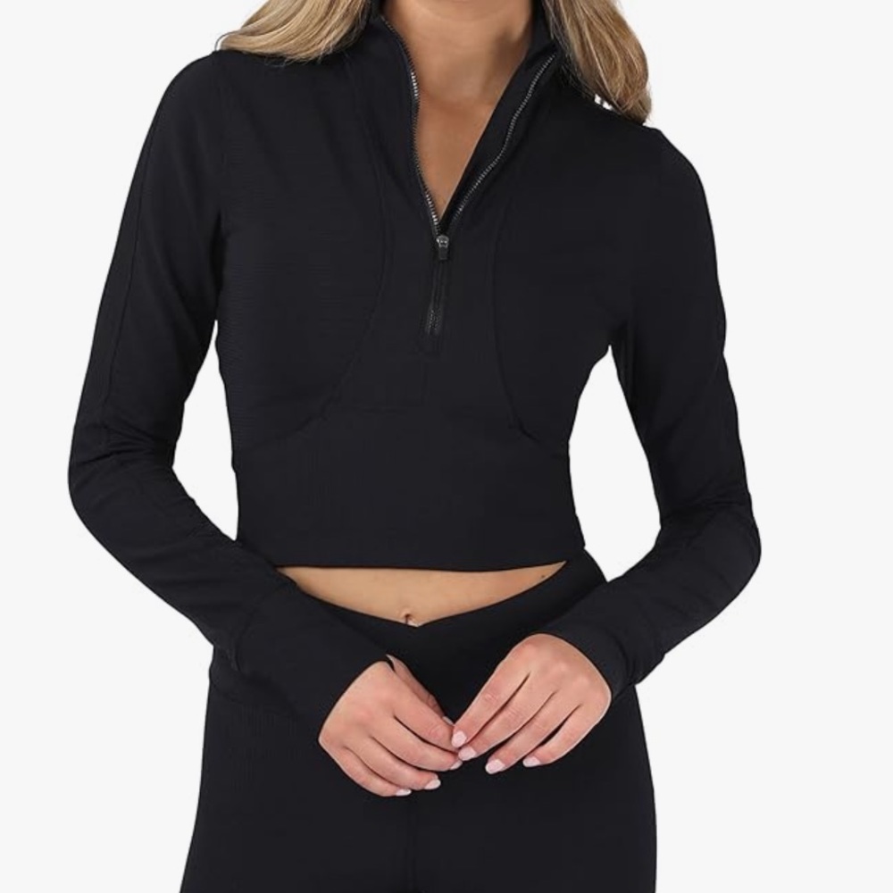 90 Degree By Reflex Womens Interlink Ribbed Half Zip Long Sleeve Crop Top Jacket